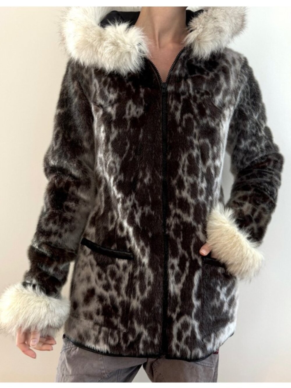 Genuine Sealskin Fur Coat Hooded Fox Trim Spotted Vintage Seal Unisex Zip